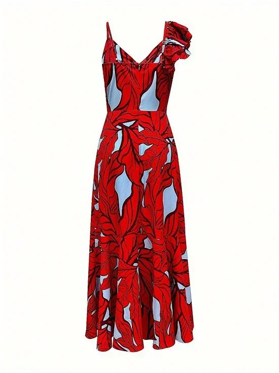 Red Boho Women's Floral Print High Waist Dress with Spaghetti Straps Party - Picture 3 of 3
